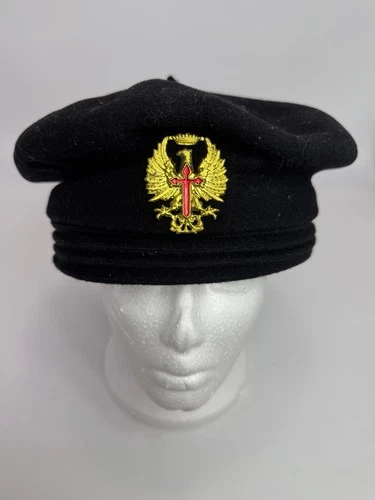 Vintage WW2 Era Spanish Military Beret Hat Black Wool Eagle Cross Badge Sz 60