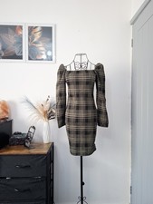 Long Sleeve Square Neck Check Dress Size S New with Tags