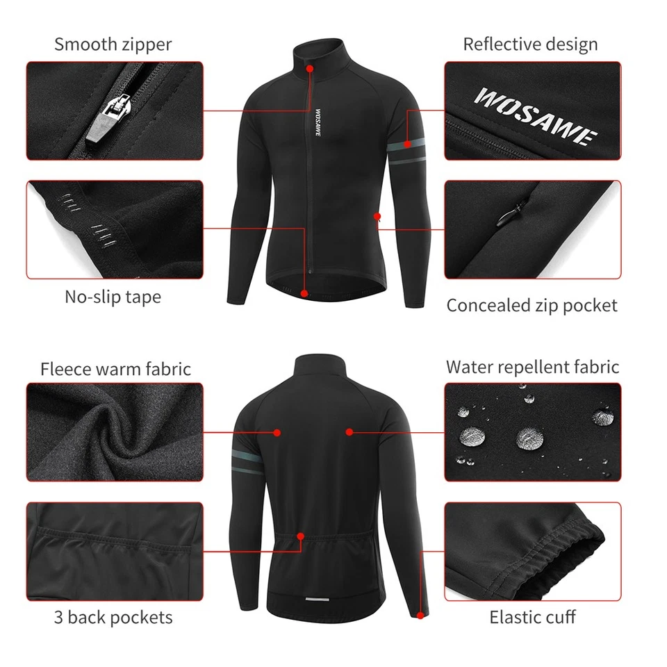 WOSAWE Men Winter Thermal Fleece Cycling Jacket Tight Sets Reflective Sportswear - Image 2 of 4