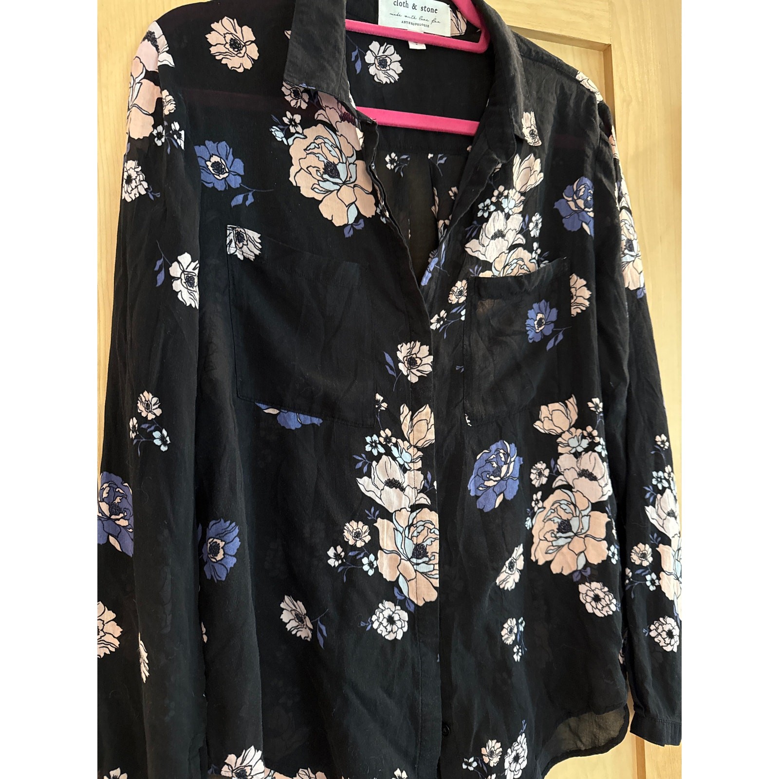 ANTHROPOLOGIE Top Black Floral Button Up Sheer Size Medium