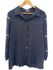 John Mark Black Lace Panel Button Down Blouse XL Boho Sheer Long Sleeve Top