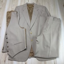 VTG Yves Saint Laurent YSL Beige 3-Pc Gold Buttn Suit Mens 40L 34x33 France Made