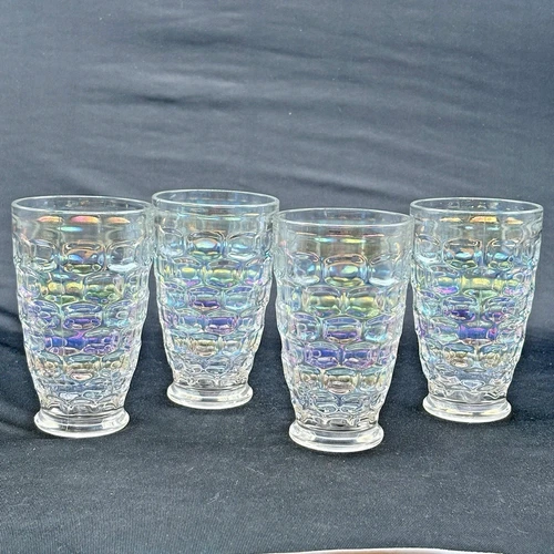 Set of 4 Iridescent Federal Glass Yorktown Colonial Thumbprint Glasses Vintage