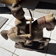 Unique Heavy Wood Chinese/Asian Warrior Riding Horse Sculpture 18"long, 21"high