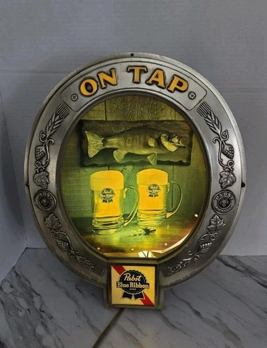 Vintage PBR Pabst Blue Ribbon Beer On Tap Light Up Oval Bar Sign Fish Fishing