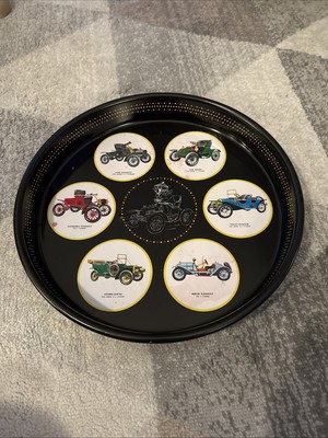 Black Metal Drink Serving Tray  Antique Cars Bar Decor dings and dents