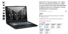ASUS TUF F17 Laptop, 17.3”, Intel Core i7-11800H, RTX 3060, 16GB DDR4, 1TB SSD