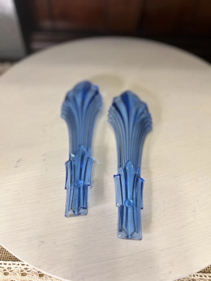 Juego de 2 corbatas antiguas de cortina de ventilador Art Deco de vidrio azul cobalto de la depresión Foto 3 de 3