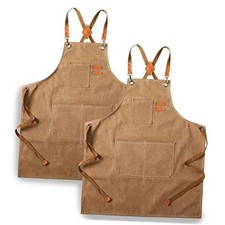 Canvas Cross Back Chef Apron for Men Women with Pockets, Cotton 2 Pack Brown