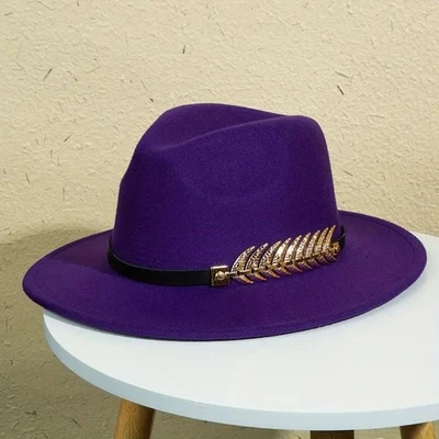 Sombrero Fedora de Ala Ancha Púrpura, Banda Hoja de Oro, Elegante Gorra de Fieltro Unisex Panamá Jazz - Imagen 1 de 2