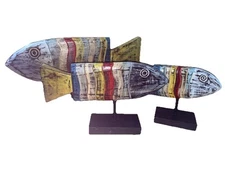 SET OF 3 FISH  HAND CARVED WOOD TROPICAL SCULPTURE HOME NAUTICAL DECOR