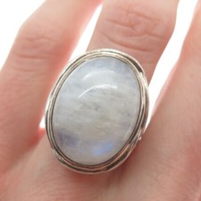 925 Sterling Silver Vintage Real Moonstone Modernist Wavy Oxidized Ring Size 8