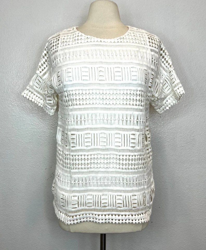 Top Vince Geométrico Encaje Crochet Manga Corta Forrado 100% Algodón Blanco Mujer XS Foto 3 de 4