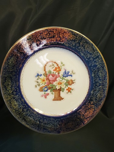 Antique SAMPLER PETIT POINT British Empire Ware 22K gold Dinner Plate  - Picture 1 of 6