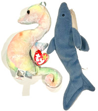 Ty Beanie Babies Neon the Seahorse with Tag & Crunch the Shark No Tag Set of 2