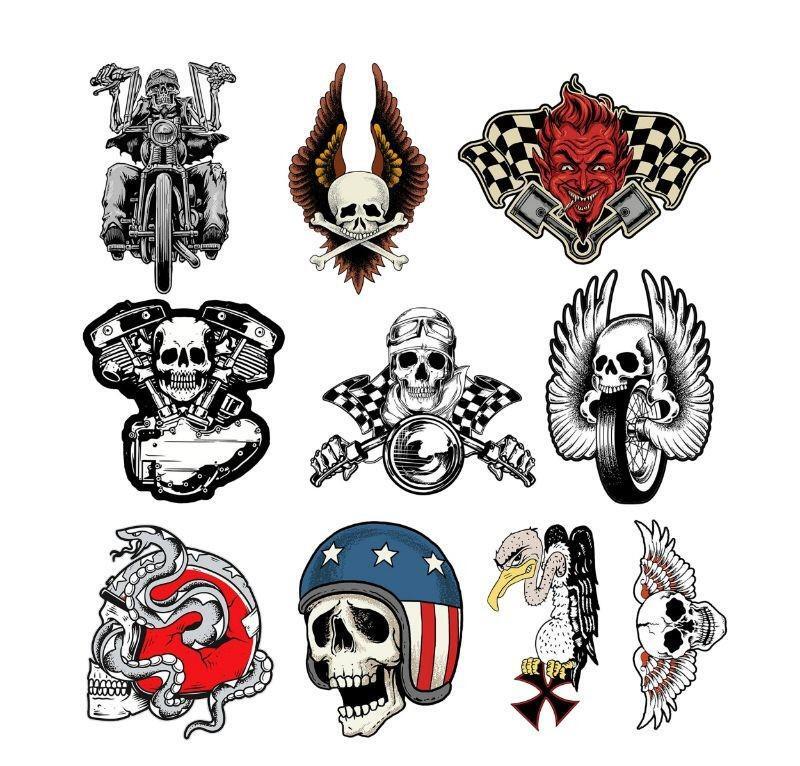 Sticker tete de mort biker Lethal Threat planche de 10 autocollants moto noirs