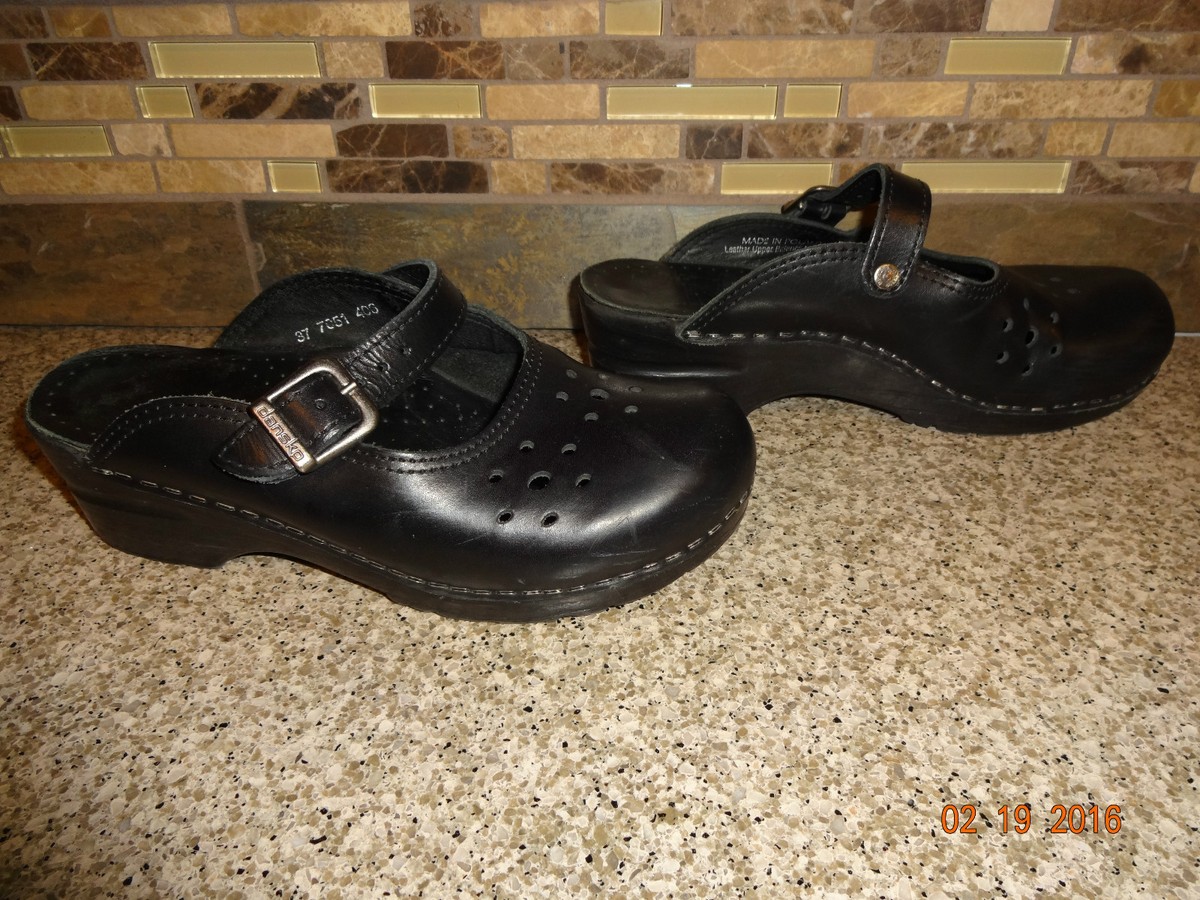 Womens Sz 37 US 6.5-7 Dansko Black Leather Mary Jane Slides Clogs