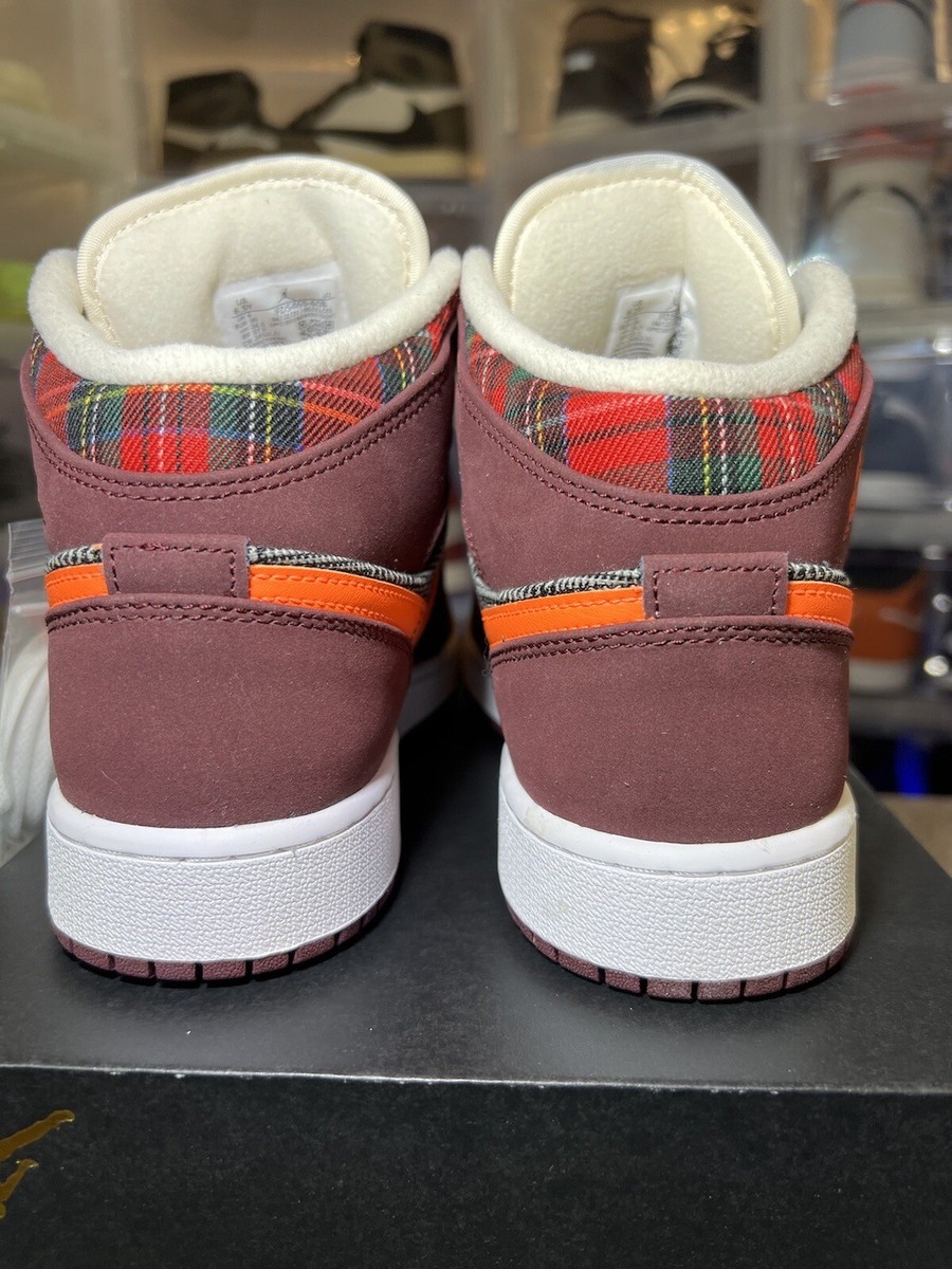 Size 6.5Y - Nike Air Jordan 1 Mid Plaid Night Maroon Black White