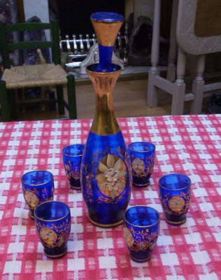 Vintage Böhmisch Kobaltblau Glas Cordial Dekanter Set Gold Handbemalt Floral