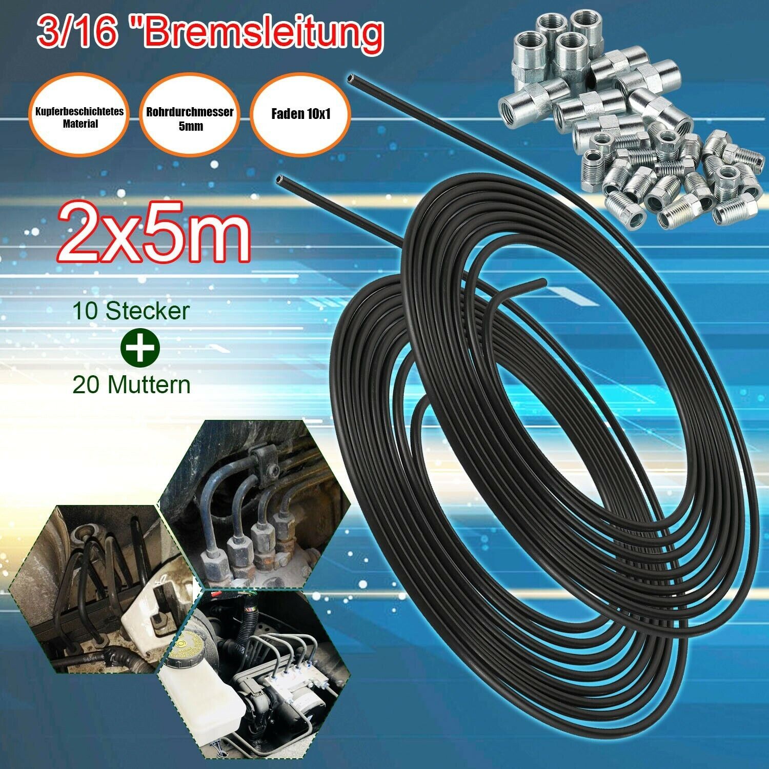 10m Bremsleitung Bremsrohr Stahl 4,75mm & 20x Verschraubungen & 10x Verbinder~