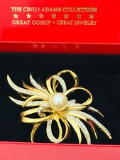 Signed Cindy Adams Ribbon flower gold tone pave rhinestones brooch pin. 3" New