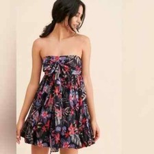 Free People Mai Tai Floral Summer Mini Dress, Black, Medium, RRP $108