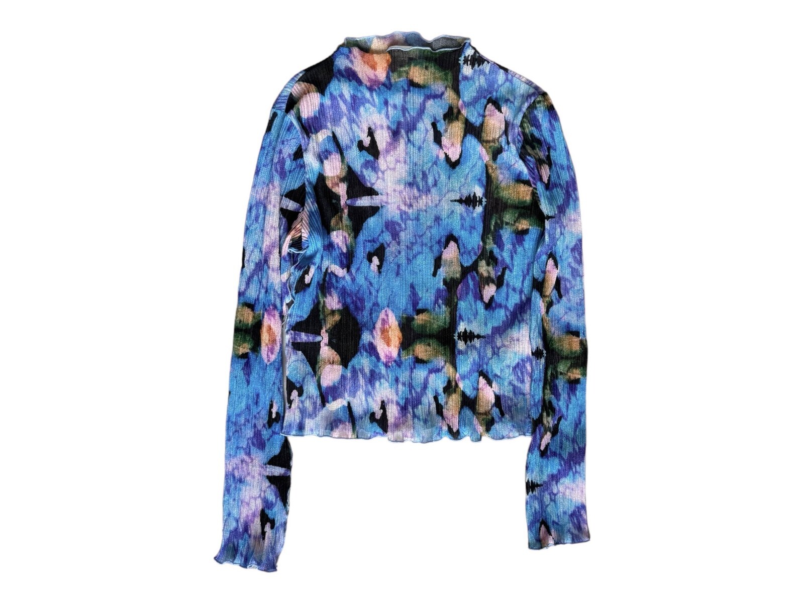 M | TOP SHOP Plisse Sheer Blue Floral Long Sleeve High Neck Top