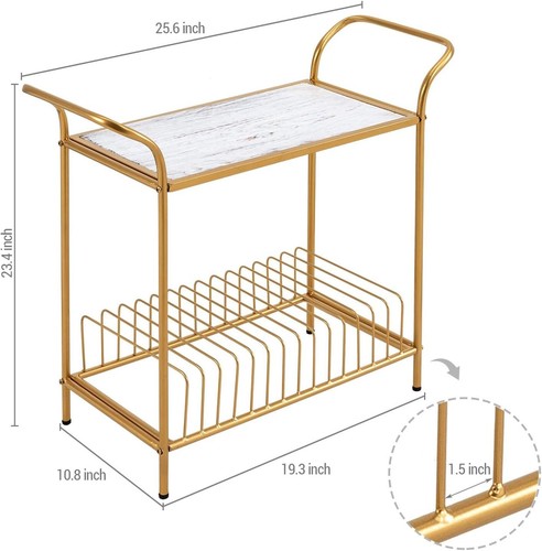 2-Tier Brass Metal Record Player Stand and LP Vinyl Album Storage Rack w/ Shelf - Picture 4 of 7