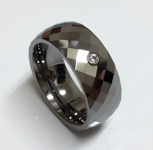 Men's Tungsten Carbide Silver CZ Faceted Cut Comfort Fit Wedding Ring & Band 8mm - Picture 3 of 4