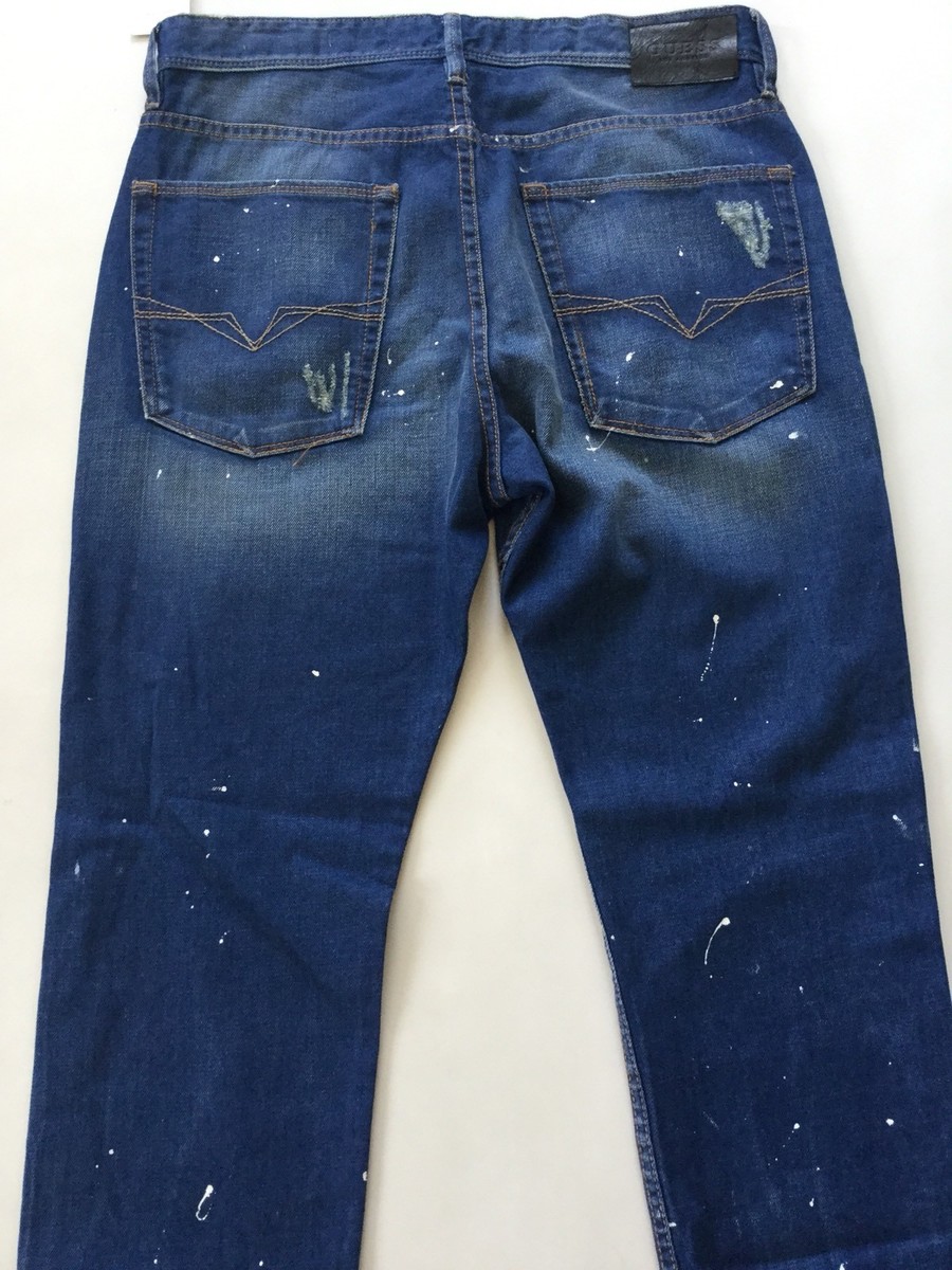 Jean Homme Guess Crop Conique - Bleu Opulent Délavé Avec Destructions - Taille 33 (28 De Longueur)