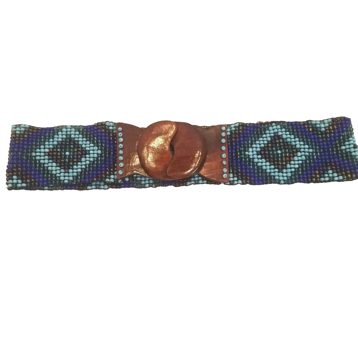 Festival Boho Beaded Multicolored Chevron Waist Belt with Wooden Buckle Beaded Stretch Belt: Rodeo Cowgirl Style with Wood Buckle main image 2