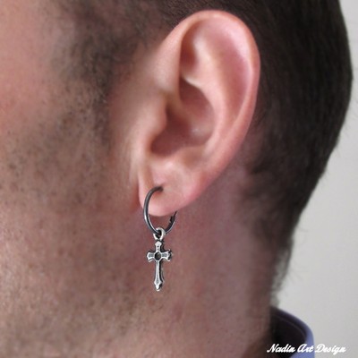 Cross Earring For Men Black Sterling Silver Earring Gothic Pendant Huggie Hoop Ebay