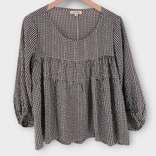 Max Studio Women's Balloon Sleeve Top Blouse M Tiered Gingham Check Black Cream