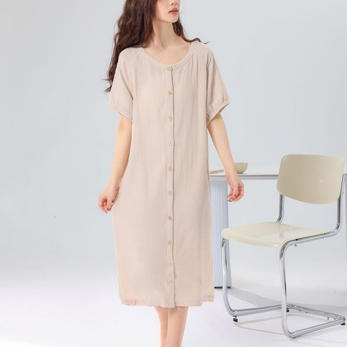 Womens Short Sleeve Cotton Nightgown Crew Neck Button Down Soft Long Sleep Dress