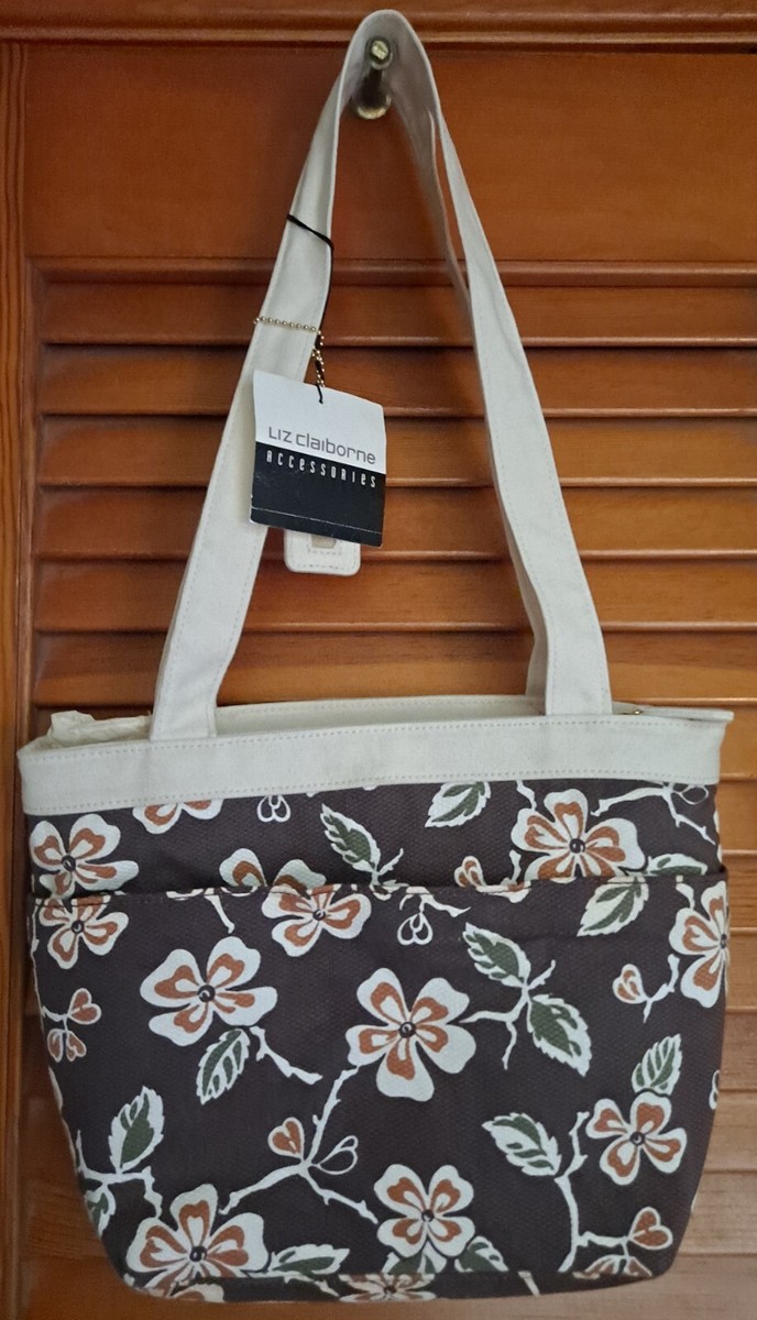 New Vintage Liz Claiborne Brown Ivory Flower Cotton Canvas Purse