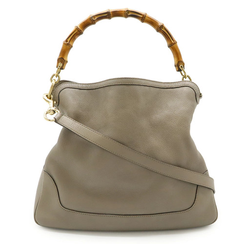 Gucci Bamboo Handbag 2Way Shoulder Bag Crossbody Leather Greige Gold Hardware 28