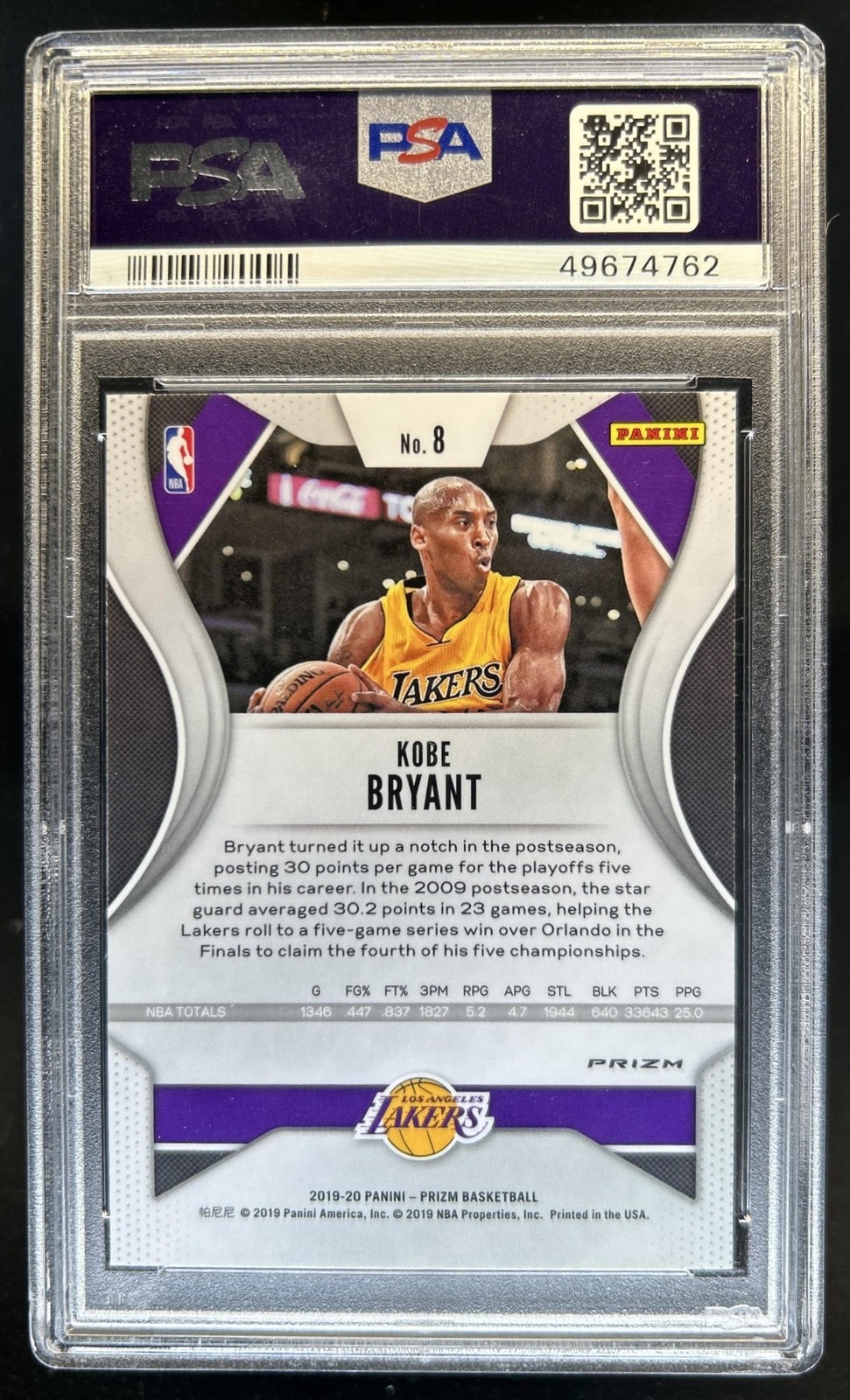 2019-20 Panini Prizm Kobe Bryant Prizm Red White and Blue #8 Lakers PSA 9 view 2