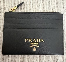 Prada Porta Carte Nero Pelle Oro Ferramenta con Portamonete 100% Autentico
