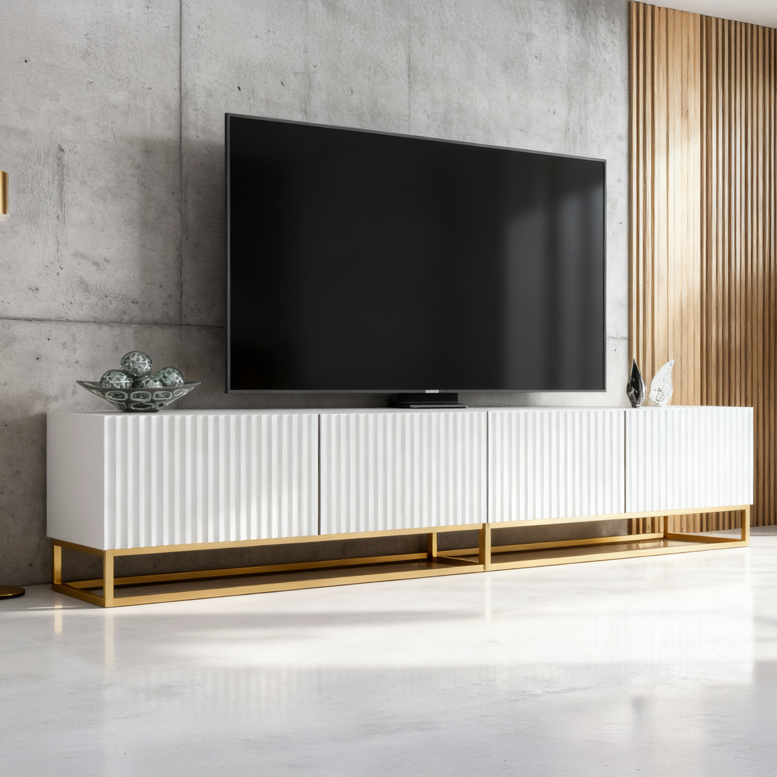 TV Unit TV Stand Sideboard Cabinet White Reeded Gold Frame Modular Design 200cm
