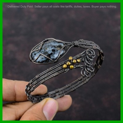 Copper Oval Astrophyllite Gemstone Boho Wire Wrapped Anniversary Bangle Jewelry