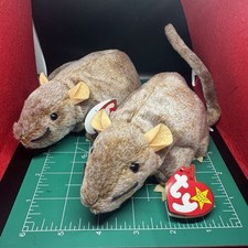 Lot Of 2 - Ty Beanie Baby "Tiptoe" the Mouse, Rat, rodent, Vintage 1999