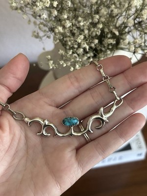 Native American Signed Sterling Silver Sandcast Necklace Chain Turquoise