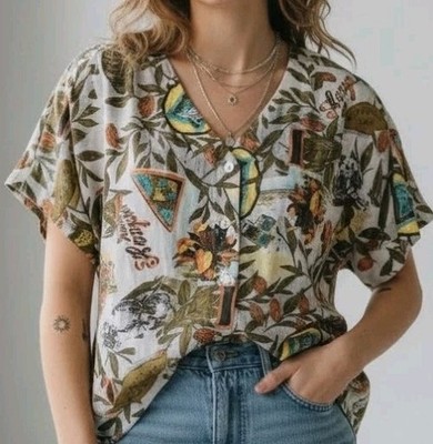 Vintage Women s Nicola Top Size M Graphic Leaf Print Shoulder Pads 90s Tropical