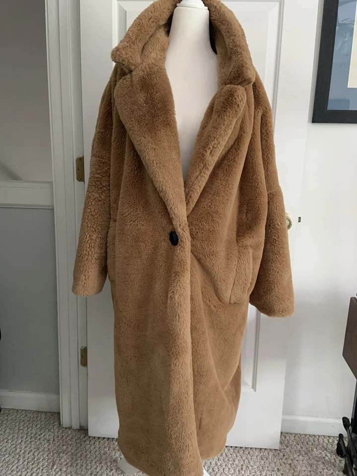 MAGASCHONI Mujeres Talla S Suave Beige Felpa Imitación Piel Maxi Abrigo Largo Forrado Exuberante Foto 2 de 4