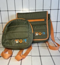 Kids Small Green Nylon Backpack  Messenger Bag Set, Orange Straps, Zip