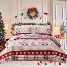 Christmas Quilts Set King Size Reversible Xmas Bedding King, Beige Plaid