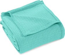 Waffle Weave Cotton Blanket Full Queen Size Turquoise Honeycomb Knit For Bed