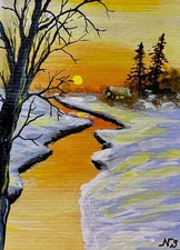 ACEO Original Painting Signed Art Card Landscape Snow Sunset Evening Fine Art