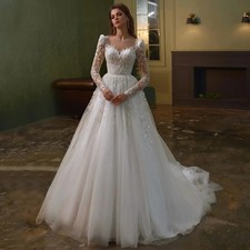 Sparkling Wedding Dress Sheer Long Sleeves Beading Pearl Court Train Bridal Gown