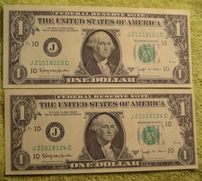 2 Consecutive serial numbered 1963 B $1 Federal Reserve Barr Notes Crisp